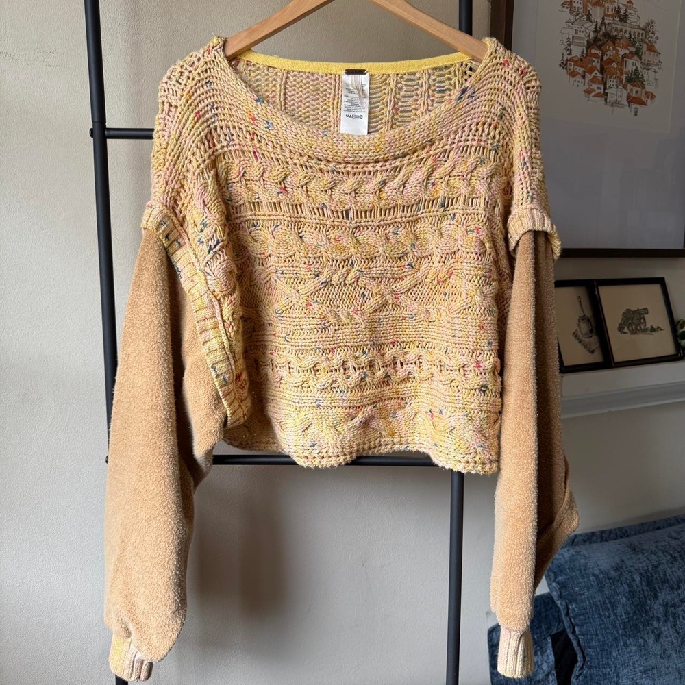 Free People Chunky Knit Sweater Yellow Pink Multicolor Mixed Media Boho